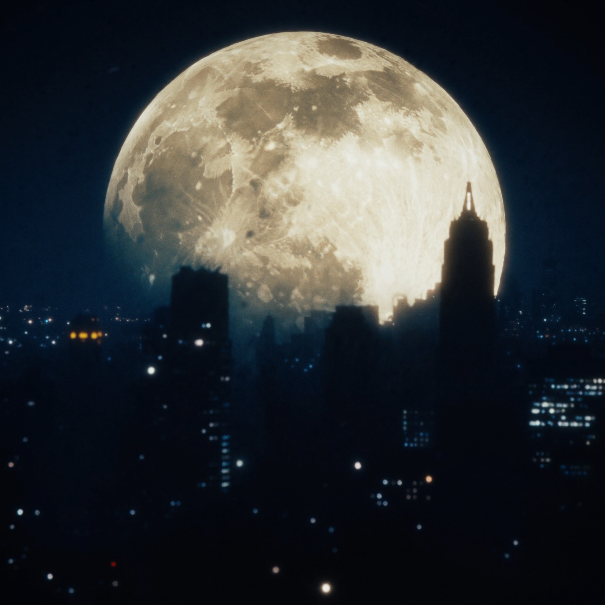 A full moon rising over the New York City skyline at night